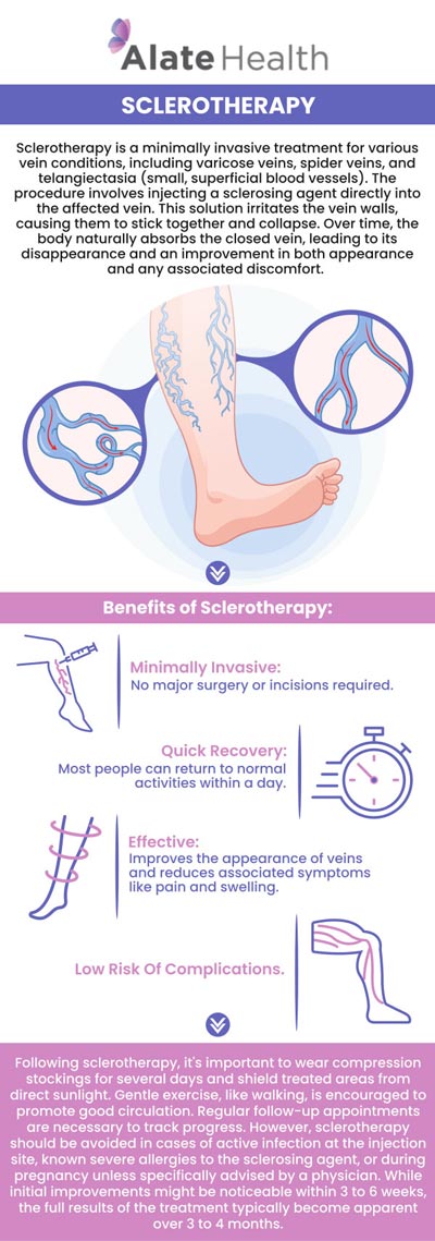 Sclerotherapy provides a minimally invasive solution to this common concern. The results from sclerotherapy are generally long-lasting and considered permanent for the veins that are effectively treated. Once a vein has been sclerosed, it does not usually reopen or become visible again helping patients enjoy long-term relief from varicose or spider veins. Andrew Doe, MD, provide sclerotherapy at Alate Health Interventional Radiology Clinic. For more details, contact us today or book an appointment online. We have convenient locations to serve you in Hermann Drive Houston, TX, and Gulf Freeway Houston, TX.
